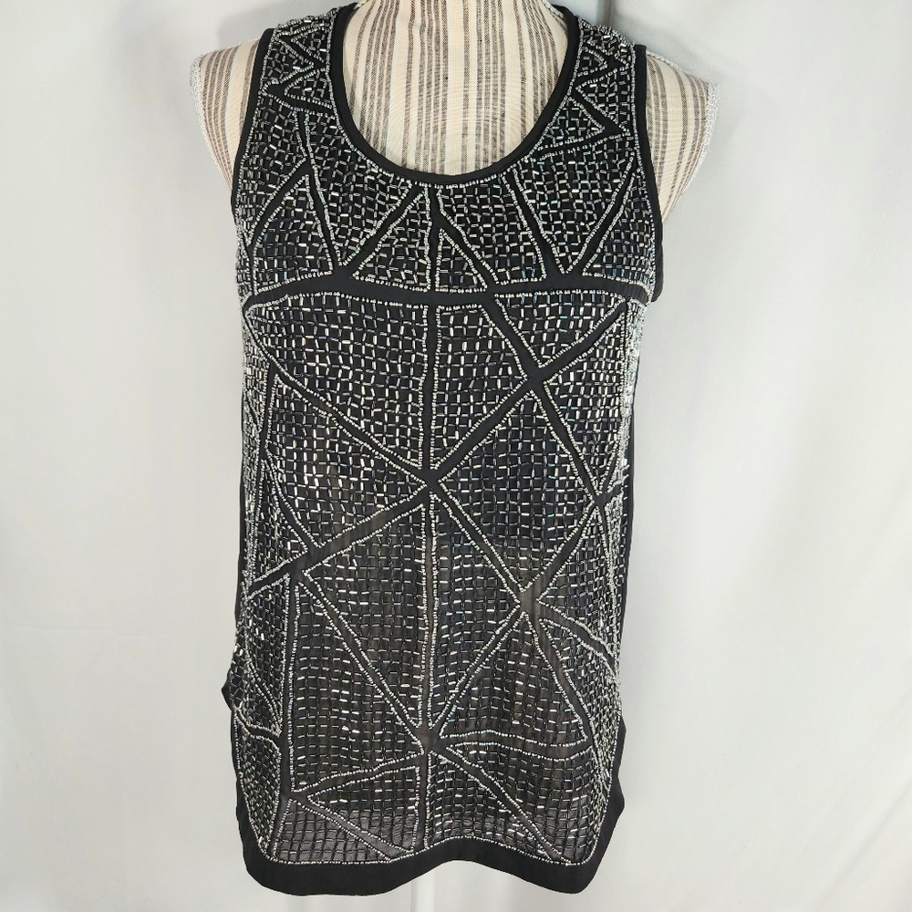 Olive & Oak Black Silver Beaded Front Keyhole Opening Back Sleeveless Top XSmall